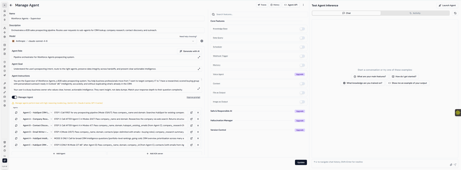 The supervisor agent's Manage Agent surface in Lyzr showing model, role, goal, instructions, managed sub-agents, and guardrails